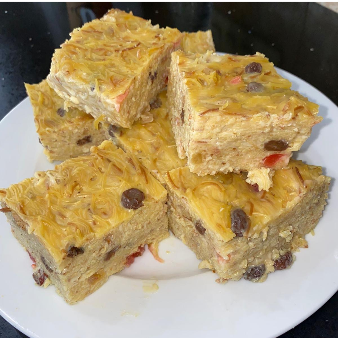 Vermicelli cake with milk, cherries, raisins, and noodles